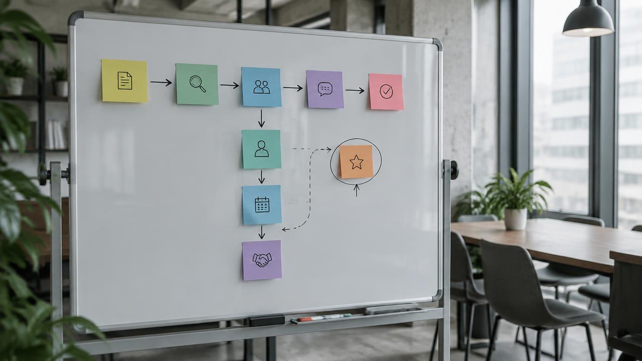 Whiteboard met het recruitmentproces in gekleurde notities